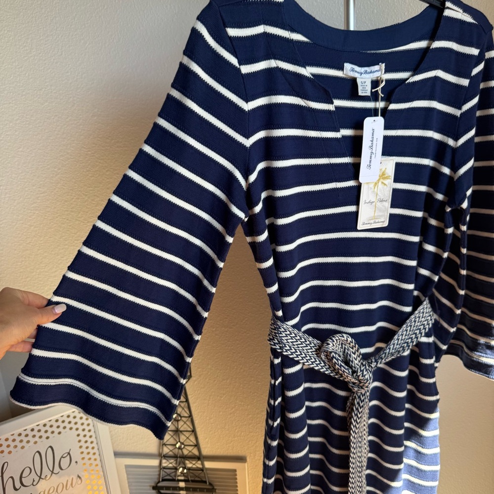 NWT Tommy Bahama Sun Harbor Caftan V-Neck 3/4 Sleeve Tassel Self-Tie Midi Dress - Picture 6 of 9
